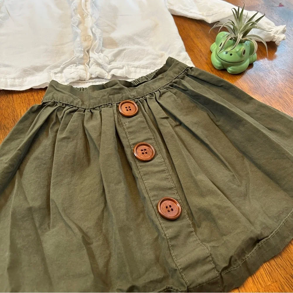 Olive Green Button Skirt & White Ruffle Top Outfit | Girls Size 80(12-18 Months)